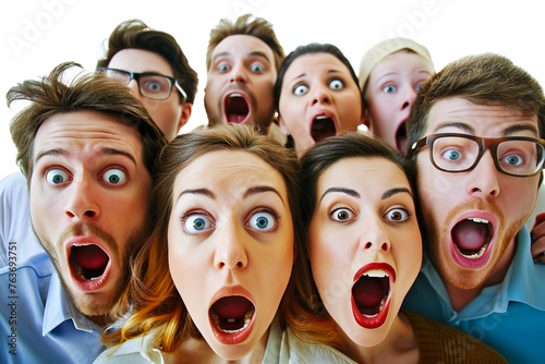 A group of people are in a photo with their mouths wide open