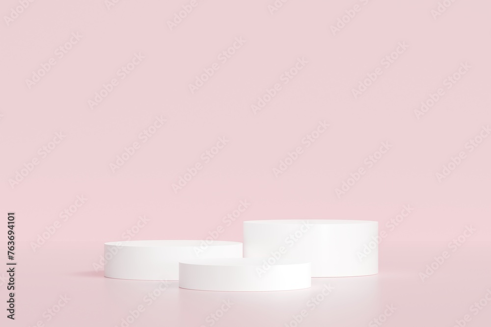 3d Abstract pink room with realistic pink cylinder pedestal podium set and leaf shadow overlay. Minimal design scene for stage product display presentation. Geometric platform. 3D render illustration.