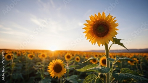 A vast field of sunflowers bathed in warm evening light