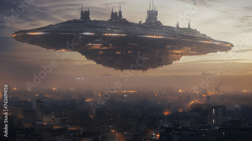 Otherworldly Spaceship Over a Dystopian City in Iain Banks' Concept