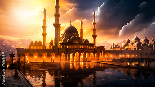 Mosque background for Ramadan and Eid Mubarak greetings. Beautiful sunrise Mosque with colorful clouds	
 photo