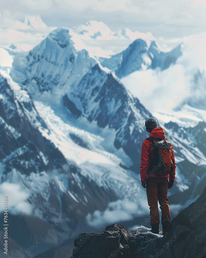 Mountaineer Overlooking a Range of Snow-Capped Peaks8K resolution