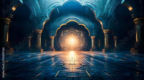 Ramadhan eid mubarak bakcground mosque praying hall with spiral pillars of stones and roof tiling illuminated with sunlight. photo