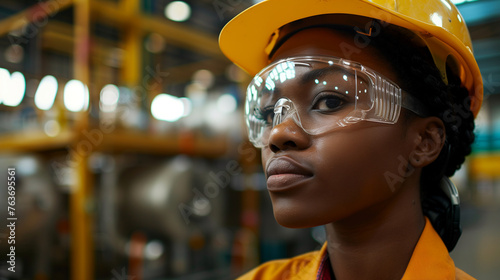 Female engineer with safety glasses and hard hat indoors. 