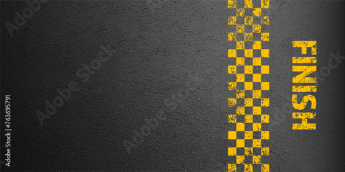 Asphalt road with yellow finish line marking, concrete highway surface, texture. Street traffic lane, road dividing strip. Pattern with grainy structure, grunge stone background. Vector illustration