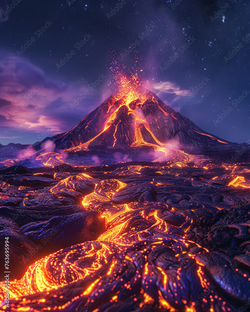 Volcano Erupting with Colorful Lava at Night8K resolution