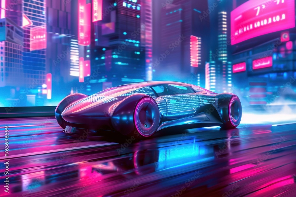 Sleek, aerodynamic car gliding through a neon-lit cityscape.