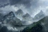 A captivating wallpaper design portraying a rainy day in the mountains, with clouds enveloping the peaks and cascades of rainwater flowing down the slopes, Generative AI