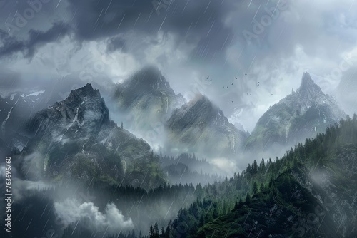 A captivating wallpaper design portraying a rainy day in the mountains, with clouds enveloping the peaks and cascades of rainwater flowing down the slopes, Generative AI photo