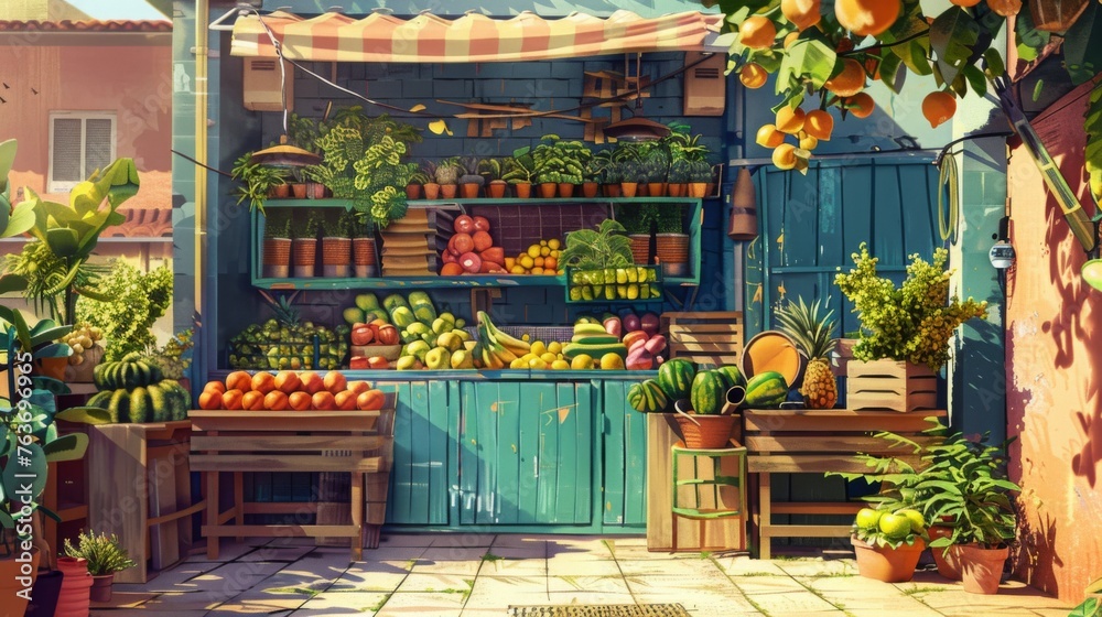 A Vibrant Painting of a Fruit Stand Overflowing With Fresh Produce