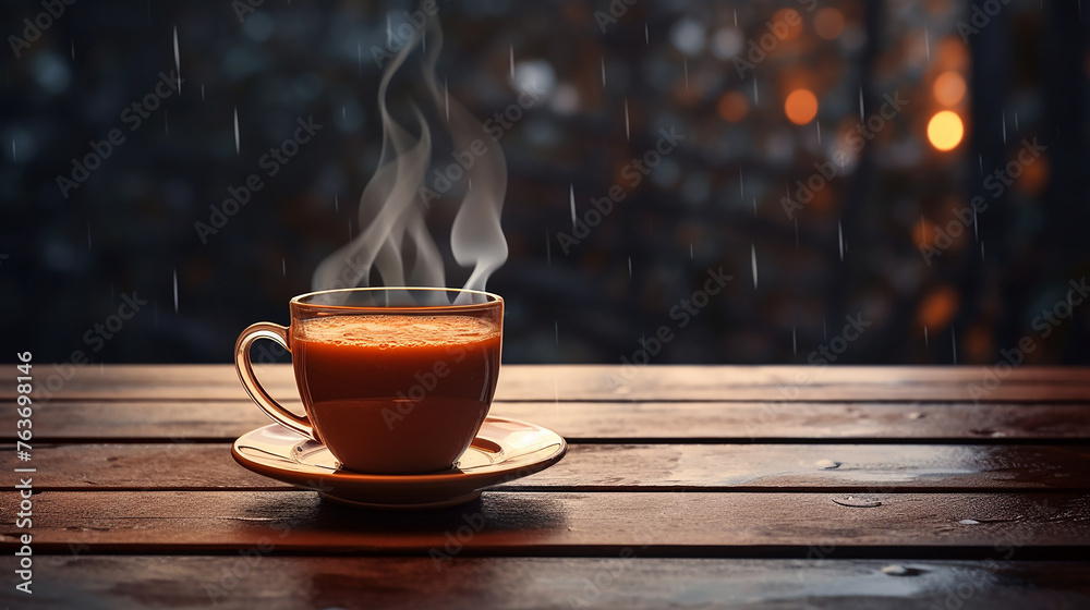 Obraz premium cup of hot drinks on wooden table in rainy day