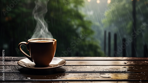 rainy season background with cup of hot drinks on wooden table in rainy day