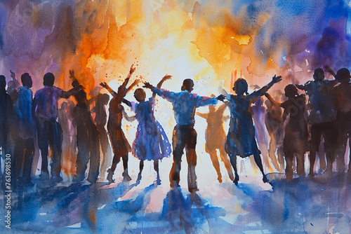A painting of a group of people dancing and celebrating