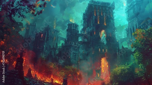 Sinister skeleton lich wields fiery magic amidst enchanted towers.
