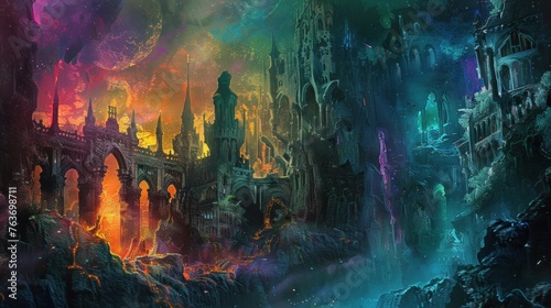 Sinister skeleton lich wielding fiery magic amidst enchanted towers, fantasy scene. © Postproduction