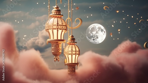 Beautiful view of two flying lanterns in the sky, with a big moon in the background.