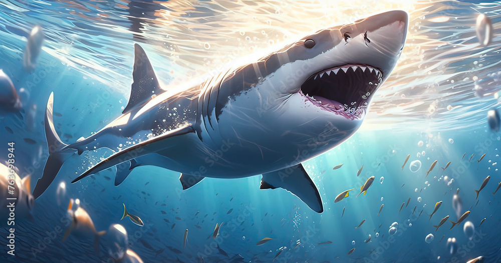 A majestic great white shark gliding scene in underwater, Generative ai. A majestic great white shark gliding scene in underwater, Generative ai.