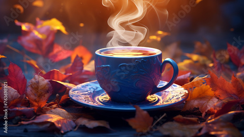 autumn hot steaming cup of coffee or tea on blue cup