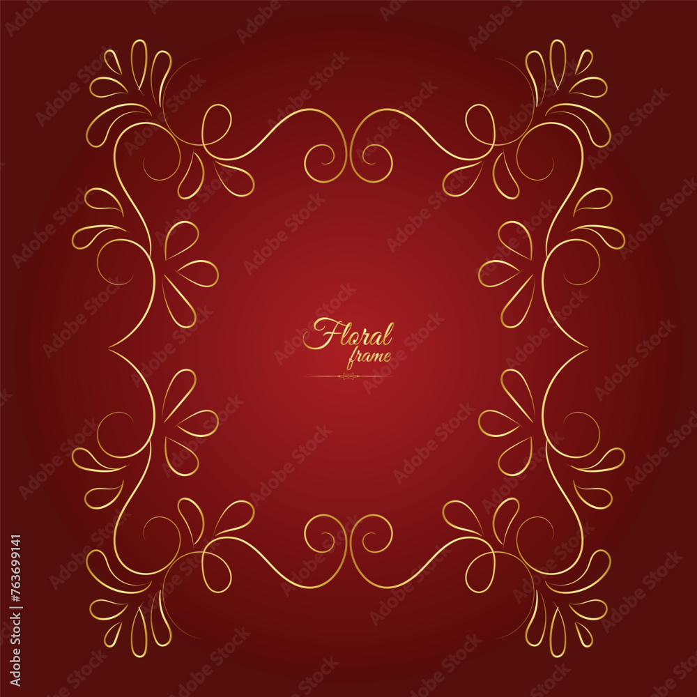 Gold shiny glowing vintage frame with flower isolated floral background. Golden luxury realistic rectangle border. Vector illustration