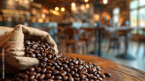 Rustic Cafe Interior: Jute Sack of Premium Roasted Coffee Beans