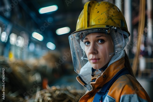 Female Fireman Suited Worker: Defiant Portrait at Steel Factory with K35 photo