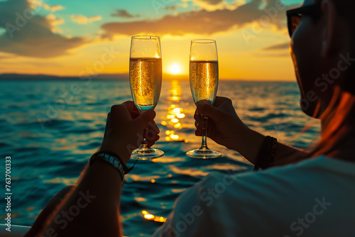 A man and woman are on a boat, enjoying a sunset and drinking wine