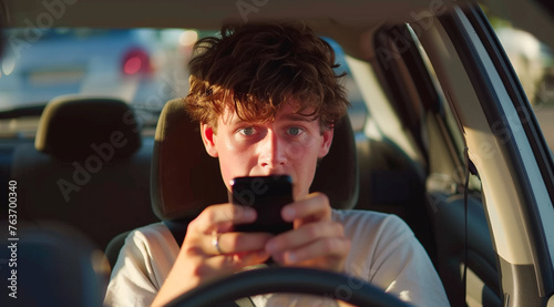 Reckless young man dangerously using smartphone while driving car photo