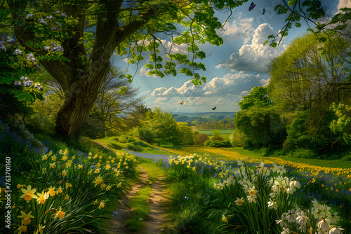 The Enchanting Beauty of Spring – A Pathway Fringed With Lush Blooms Under a Canopied Sky