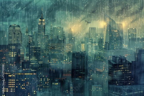 An atmospheric wallpaper illustration depicting a rainy day in the city, with skyscrapers disappearing into the clouds and rain-soaked streets shimmering under the glow of streetlights, Generative AI © ManusiaIkan
