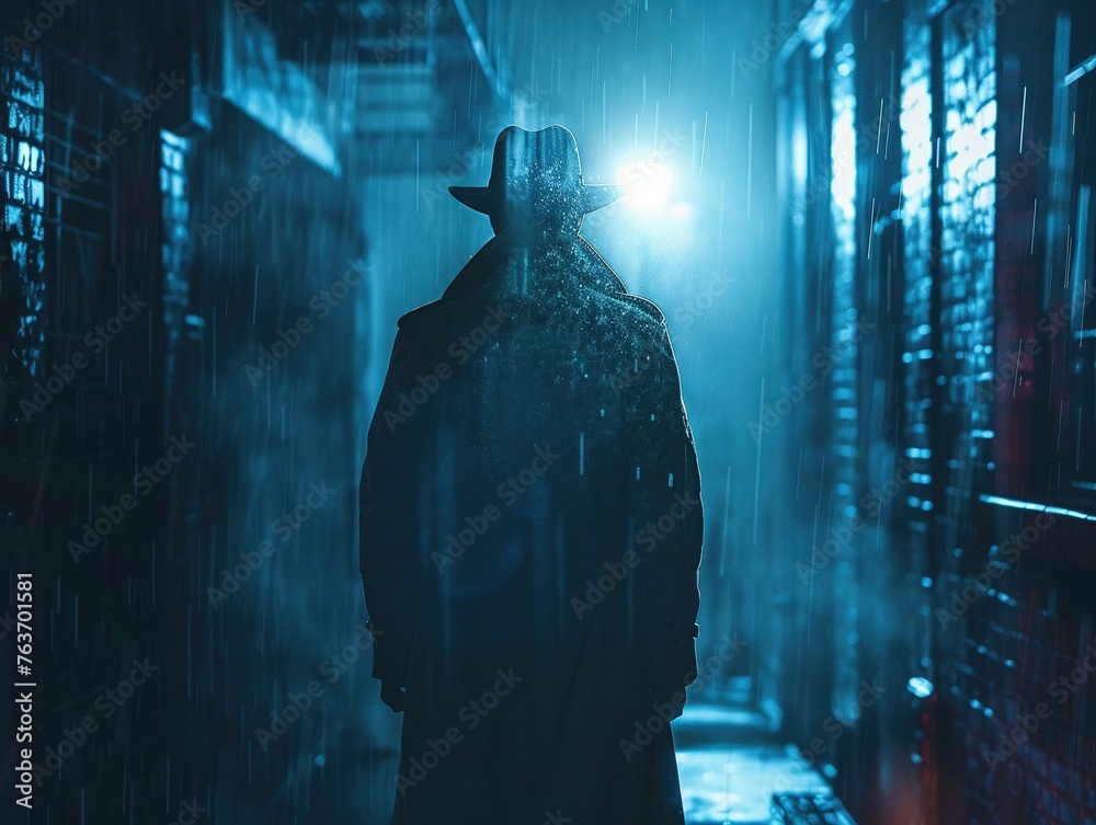 Mysterious detective rainsoaked streets noir setting cityscape backdrop cinematic render silhouette lighting lens flare - obrazy, fototapety, plakaty 