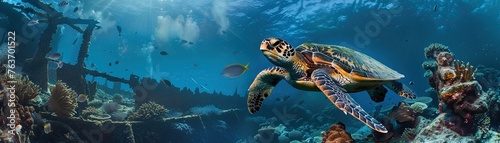 Majestic sea turtle graceful movements vibrant underwater landscapes exploring hidden shipwrecks mysterious marine life © BOMB8