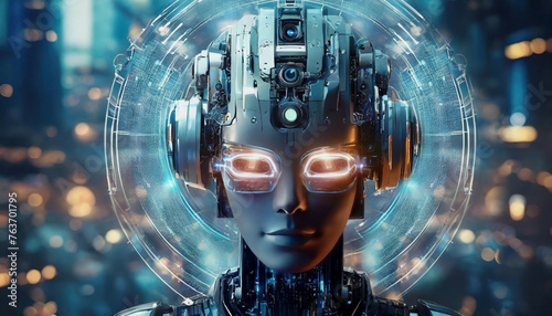 The head of an android robot with artificial intelligence in headphones and with camera lenses on a helmet, on a blurred background of a futuristic city