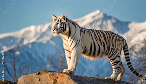 A white tiger is standing on a rock in front of a snowy mountain. The scene is serene and peaceful, with the tiger being the focal point of the image