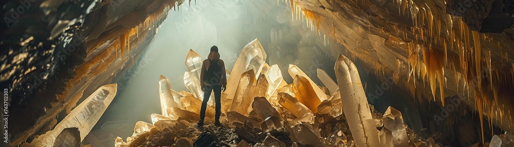 Crystal Formation Explorer Bold discoverer marveling at the stunning formations in a massive underground crystal cave photography golden hour vignette - obrazy, fototapety, plakaty 