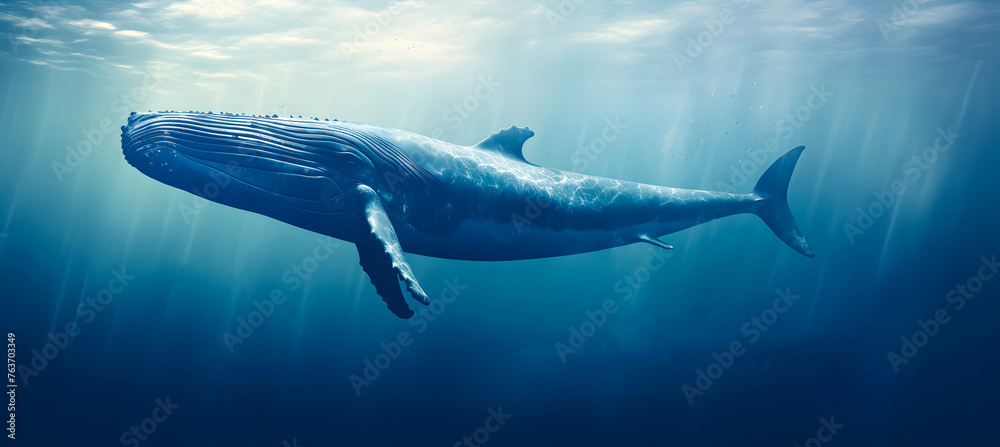 Humpback Whale Plays Near the Surface in Blue Water with cloudy sky - obrazy, fototapety, plakaty 