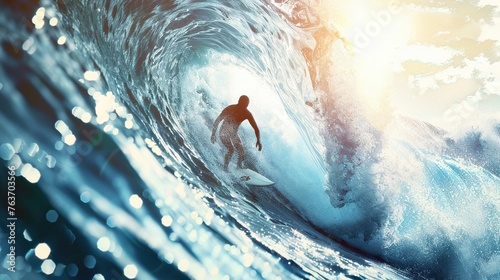 Surfer wetsuit riding huge waves catching the perfect barrel adrenaline rush 3D render sunlight chromatic aberration photo