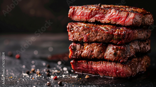 Very delicious beef medium rare steak serve on modern plate and show level of ripeness..