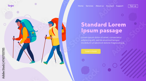 Couple with backpacks practicing trekking. Couple of campers walking with poles outdoors flat vector illustration. Adventure travel, activity concept for banner, website design or landing web page