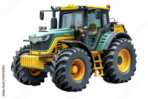A 3D animated cartoon render of a green and yellow farm tractor with oversized exhaust pipes.