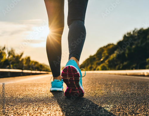Feet of woman walking and exercise on the road during sunset