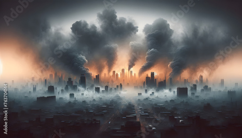 illustrates the theme of urban air pollution, capturing the obscured cityscape and the muted colors of dusk under a haze of smog photo