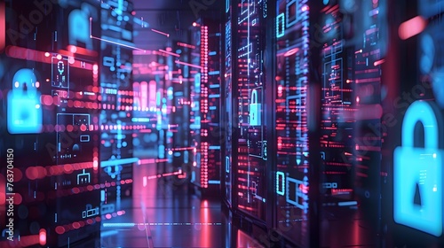 Vibrant Futuristic Digital Landscape with Interconnected Servers and Cybersecurity Infrastructure