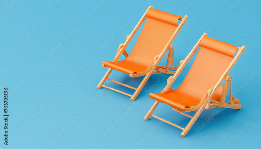 Orange beach chairs on blue background. Summer concept. 3d rendering copy space