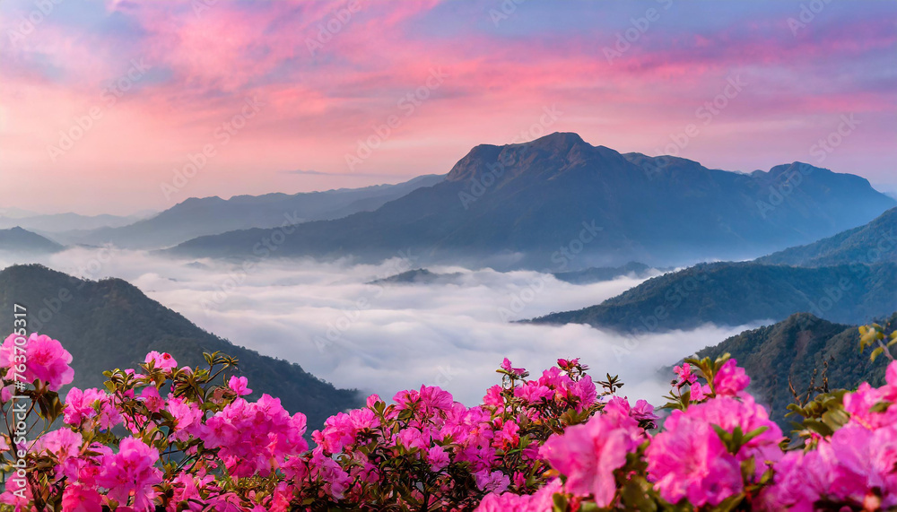 Pink Misty Sky and Mountains with Pink Flowers Background