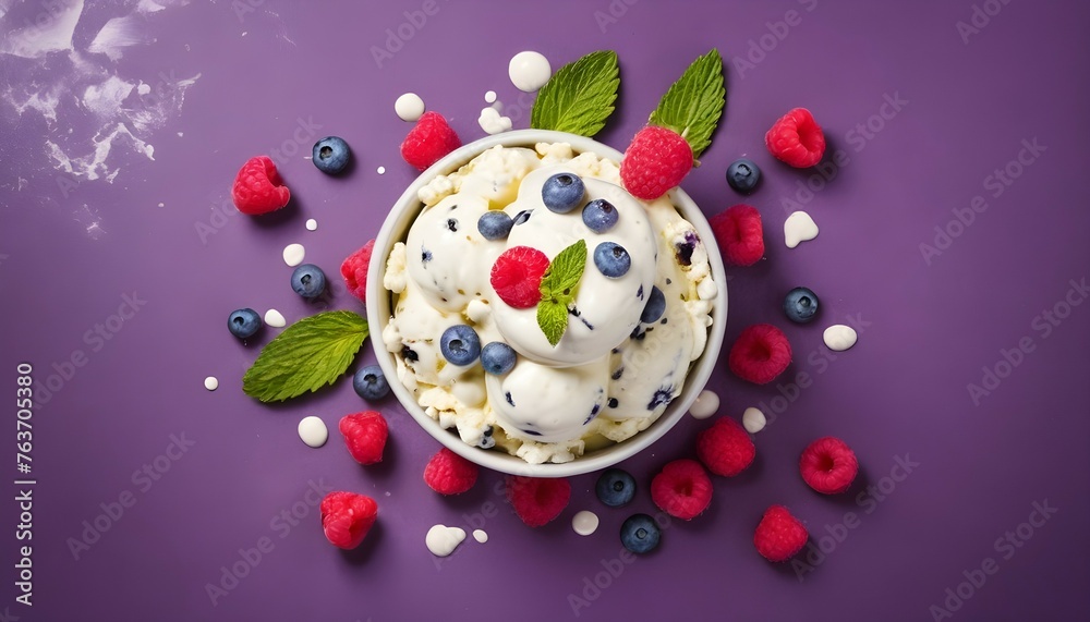 A creative image of a Stracciatella gelato mixed with fresh raspberries, blueberries, and mint leaves, creating a colorful and flavorful dessert.