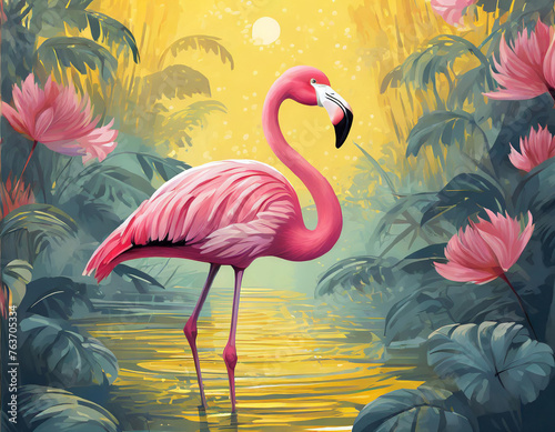 Pink flamingo in yellow background