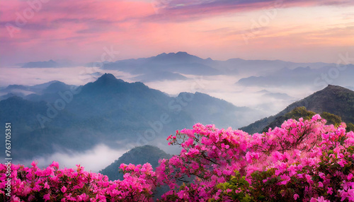 Pink Misty Sky and Mountains with Pink Flowers Background