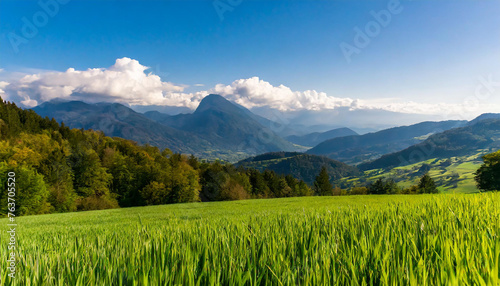 Serene nature landscape with green meadows and rolling mountains perfect background scene capturing tranquil beauty of rural environments ideal for travel agriculture and tourism featuring sunny
