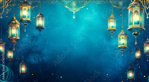 A golden Ramadhan lamp with Islamic on abstract blue background. Islamic festive greeting card photo. eid mubarak background photo