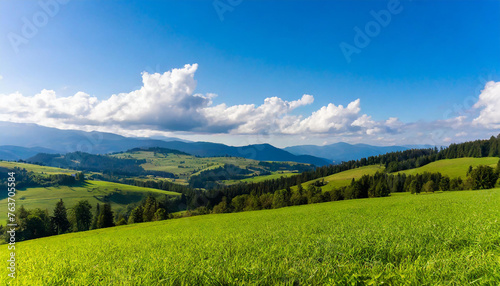 Serene nature landscape with green meadows and rolling mountains perfect background scene capturing tranquil beauty of rural environments ideal for travel agriculture and tourism featuring sunny © Verdiana